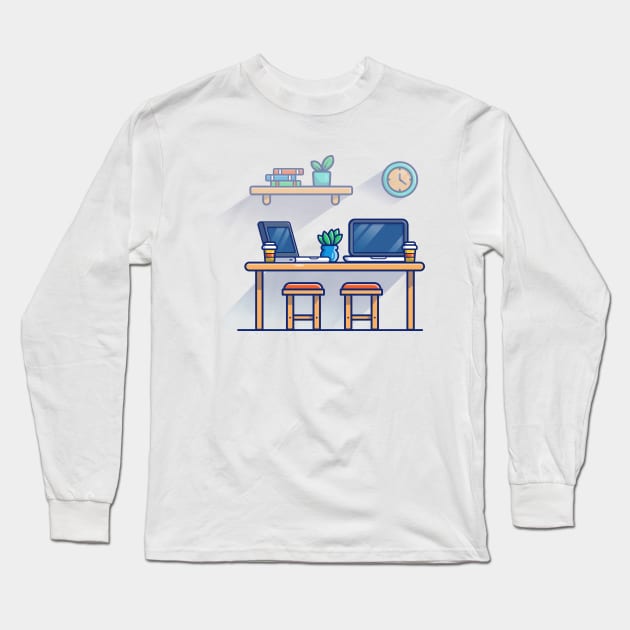 Table, Chair, Laptops, Plant, Clock, Books, And Cups Cartoon Long Sleeve T-Shirt by Catalyst Labs